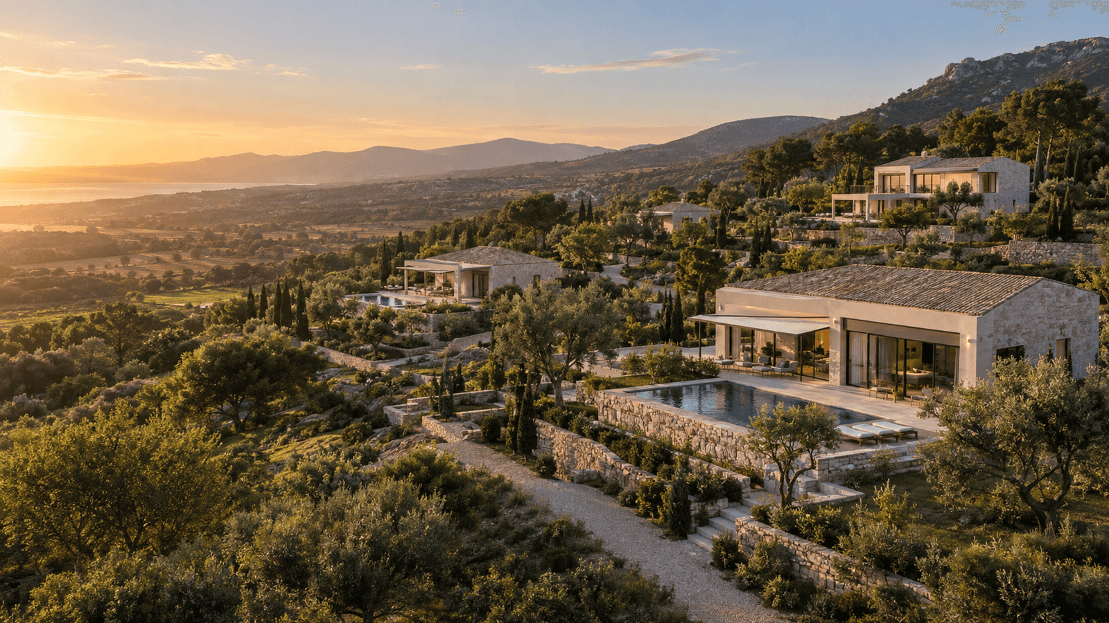 Vue d’ensemble conceptuelle de villas implantées dans un terrain paysager