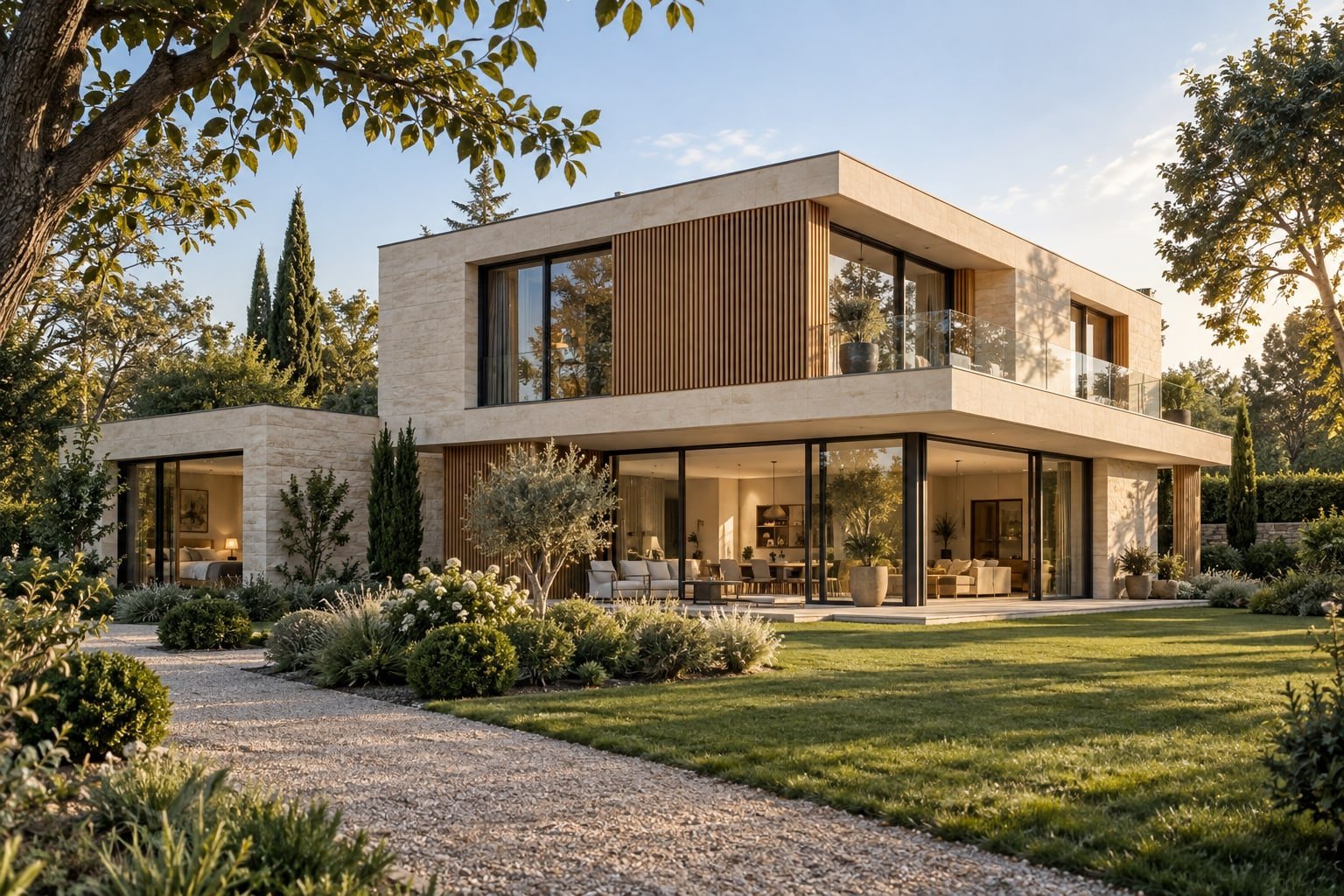 Visualisation d’une villa contemporaine en pierre claire, ouverte sur son jardin